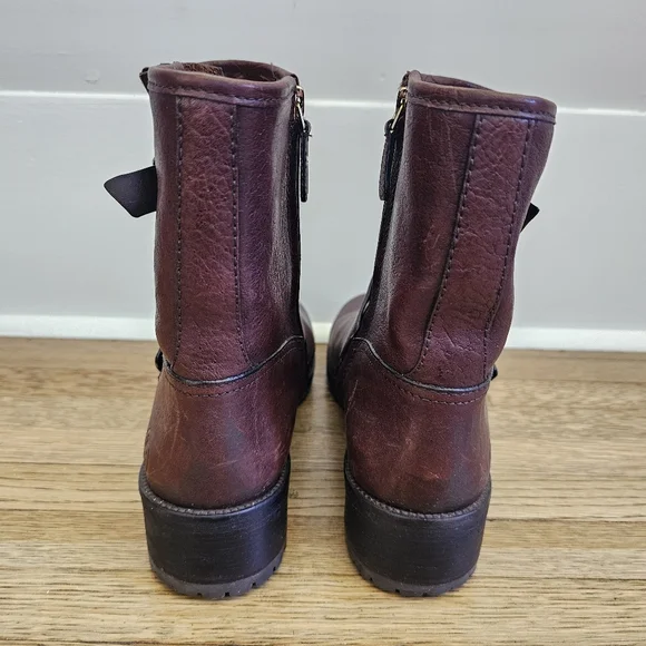 Tory Burch Chrystie genuine leather brown buckle moto boots chunky heel size 8.5 - Picture 6 of 11